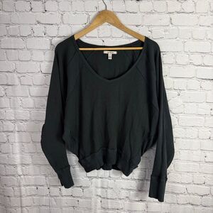 Free People Santa Clara Thermal Waffle Knit V Neck Black Size Small